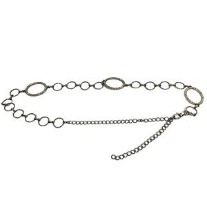 Vintage Chain Belt Silver Tone Rhinestone Ovals Circular Rings Chain Links